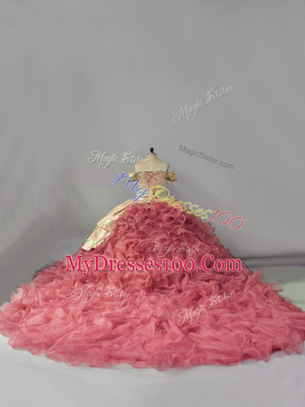 Pink Sleeveless Organza Chapel Train Lace Up Quinceanera Gowns for Sweet 16 and Quinceanera