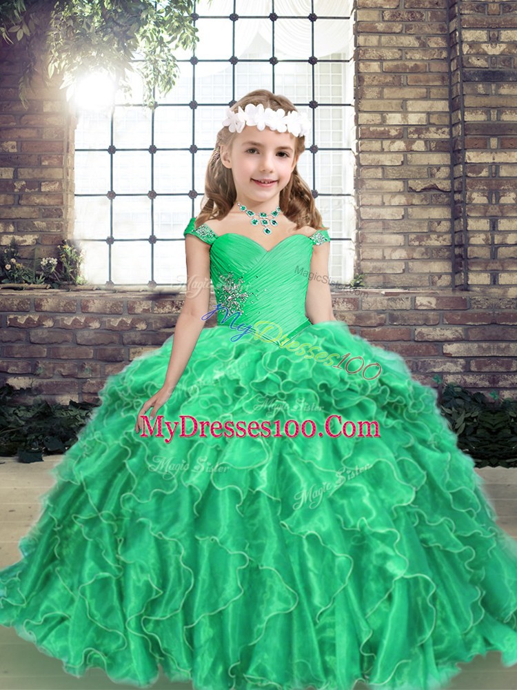 Custom Designed Turquoise Straps Neckline Beading and Ruffles Little Girls Pageant Gowns Long Sleeves Lace Up
