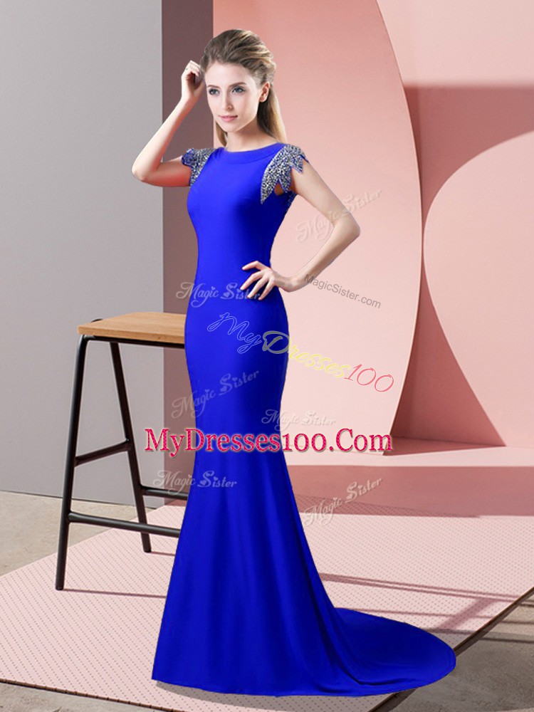 Exceptional Short Sleeves Brush Train Backless Beading Dress for Prom
