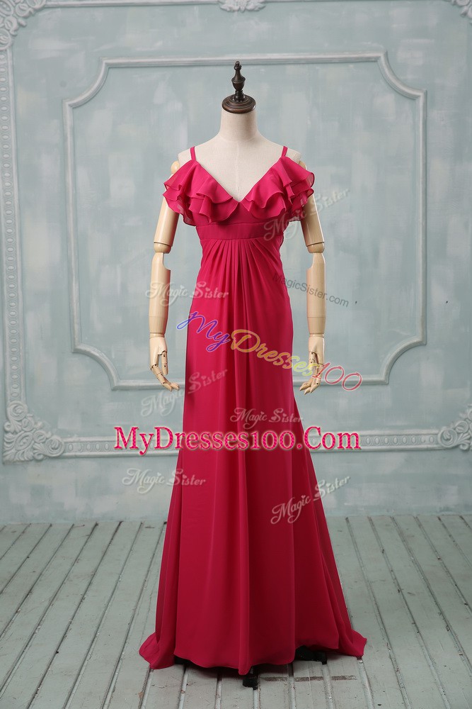 Beauteous Hot Pink Sleeveless Chiffon Brush Train Zipper Evening Dress for Prom and Party and Military Ball