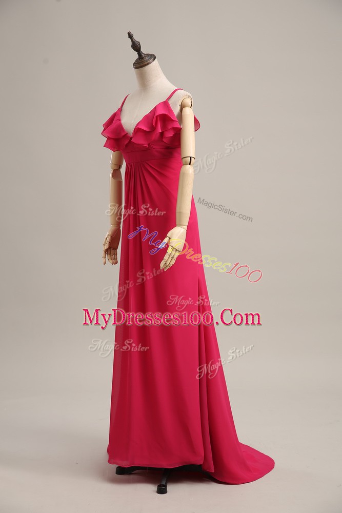 Beauteous Hot Pink Sleeveless Chiffon Brush Train Zipper Evening Dress for Prom and Party and Military Ball