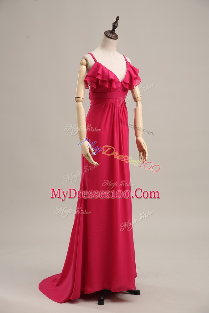 Beauteous Hot Pink Sleeveless Chiffon Brush Train Zipper Evening Dress for Prom and Party and Military Ball