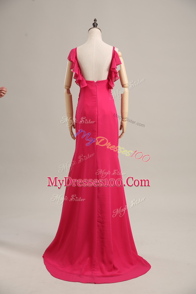 Beauteous Hot Pink Sleeveless Chiffon Brush Train Zipper Evening Dress for Prom and Party and Military Ball