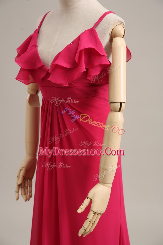 Beauteous Hot Pink Sleeveless Chiffon Brush Train Zipper Evening Dress for Prom and Party and Military Ball