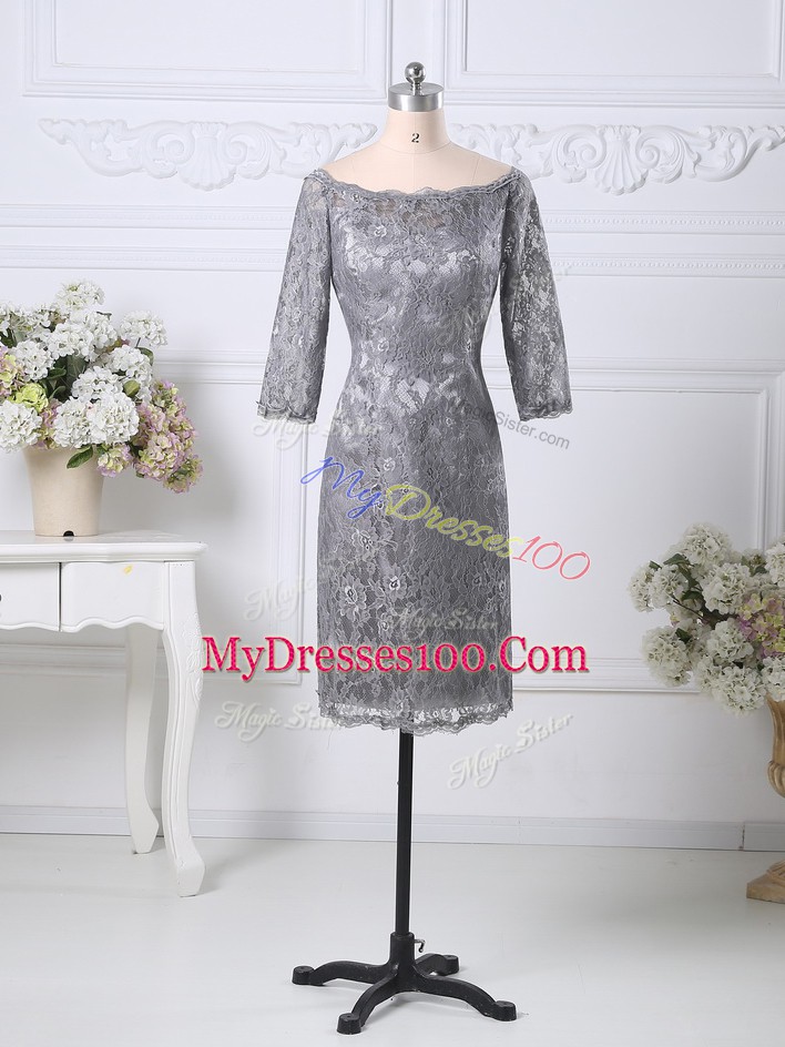 Customized Half Sleeves Knee Length Lace Zipper Mother Of The Bride Dress with Grey