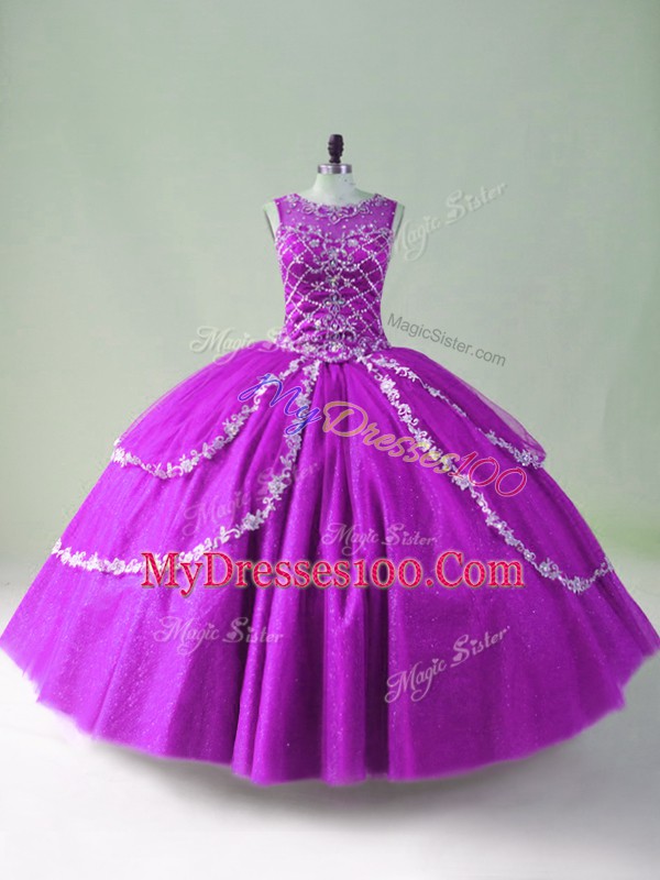 Customized Beading and Appliques Quinceanera Dress Purple Zipper Sleeveless Floor Length