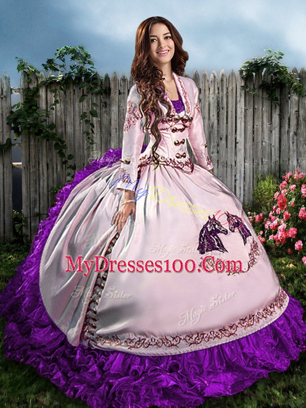 Custom Made Floor Length Lace Up 15th Birthday Dress Purple for Sweet 16 and Quinceanera with Embroidery and Ruffles