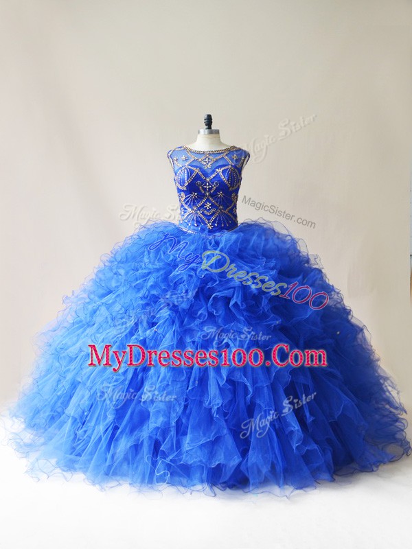 Stylish Scoop Sleeveless Tulle Vestidos de Quinceanera Beading and Ruffles Lace Up