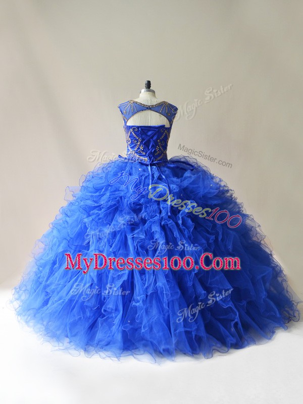 Stylish Scoop Sleeveless Tulle Vestidos de Quinceanera Beading and Ruffles Lace Up
