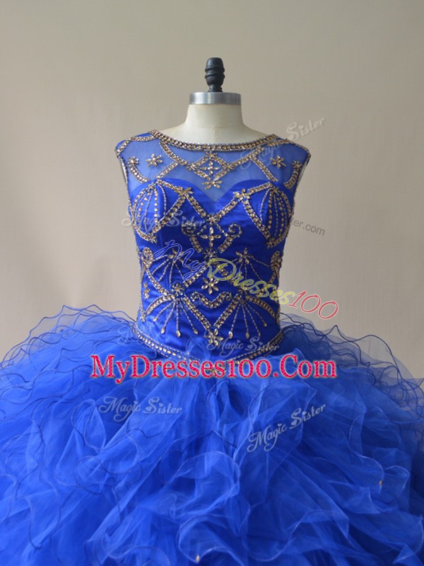 Stylish Scoop Sleeveless Tulle Vestidos de Quinceanera Beading and Ruffles Lace Up