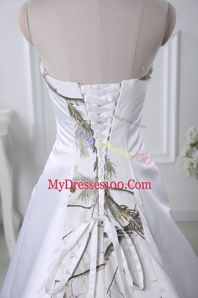 Satin Strapless Sleeveless Court Train Lace Up Ruching Prom Party Dress in White