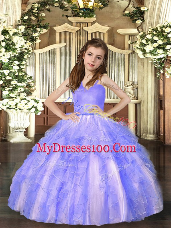 Amazing Lavender Straps Neckline Ruffles Little Girl Pageant Dress Sleeveless Lace Up