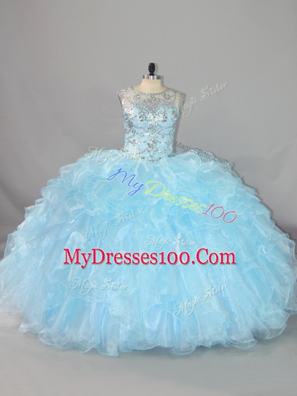 Floor Length Blue Sweet 16 Dress Scalloped Sleeveless Lace Up