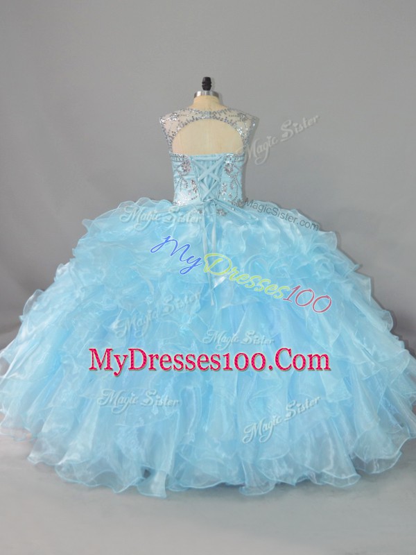 Floor Length Blue Sweet 16 Dress Scalloped Sleeveless Lace Up
