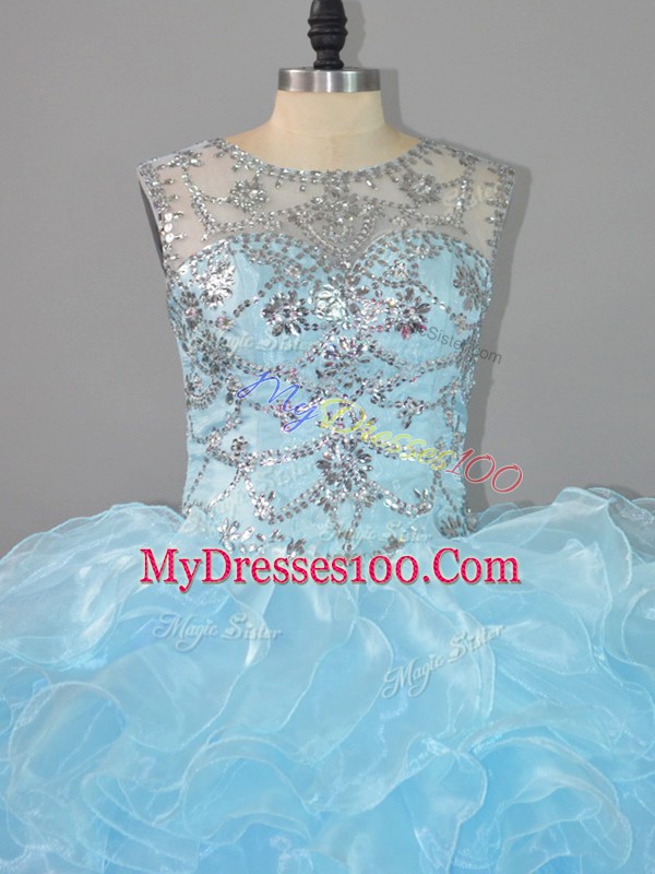 Floor Length Blue Sweet 16 Dress Scalloped Sleeveless Lace Up