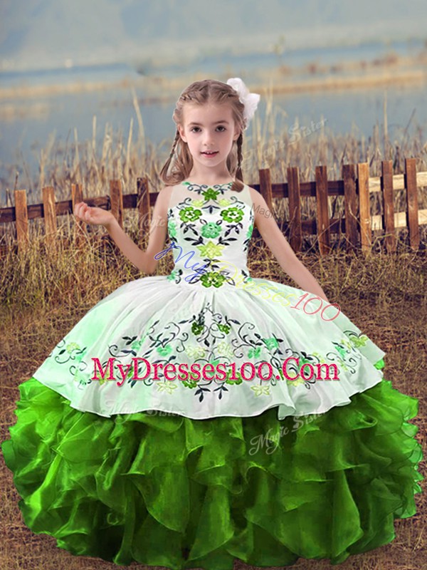 Stunning Scoop Sleeveless Child Pageant Dress Floor Length Embroidery and Ruffles Green Organza