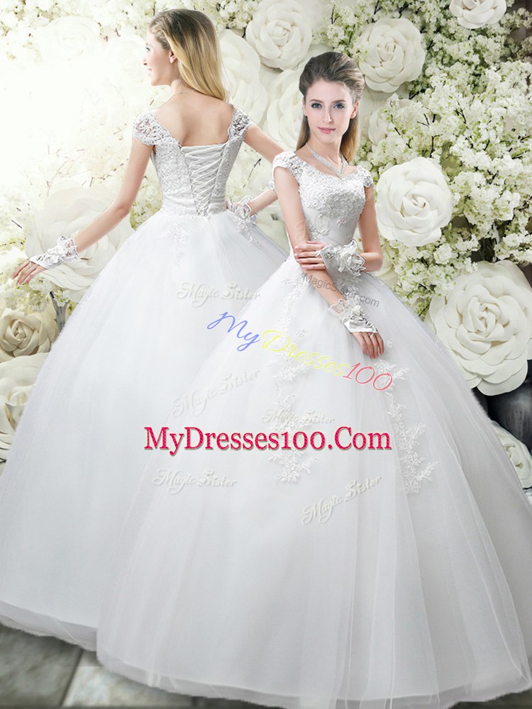 Flare White Tulle Lace Up Wedding Gown Cap Sleeves Floor Length Appliques