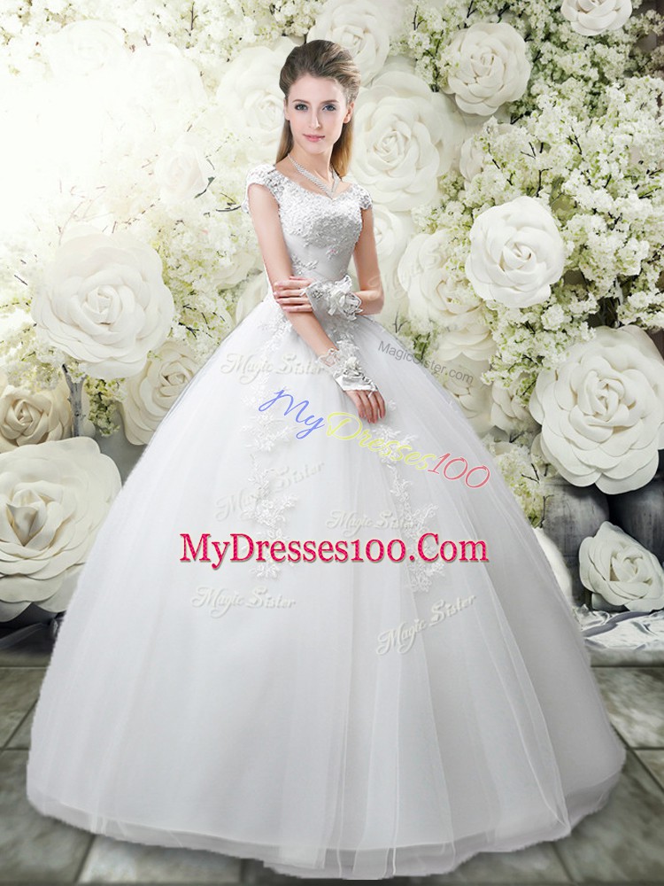 Flare White Tulle Lace Up Wedding Gown Cap Sleeves Floor Length Appliques