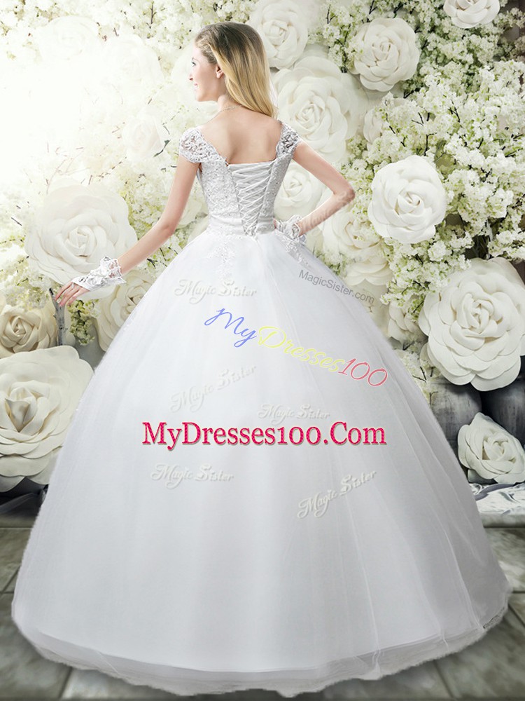 Flare White Tulle Lace Up Wedding Gown Cap Sleeves Floor Length Appliques
