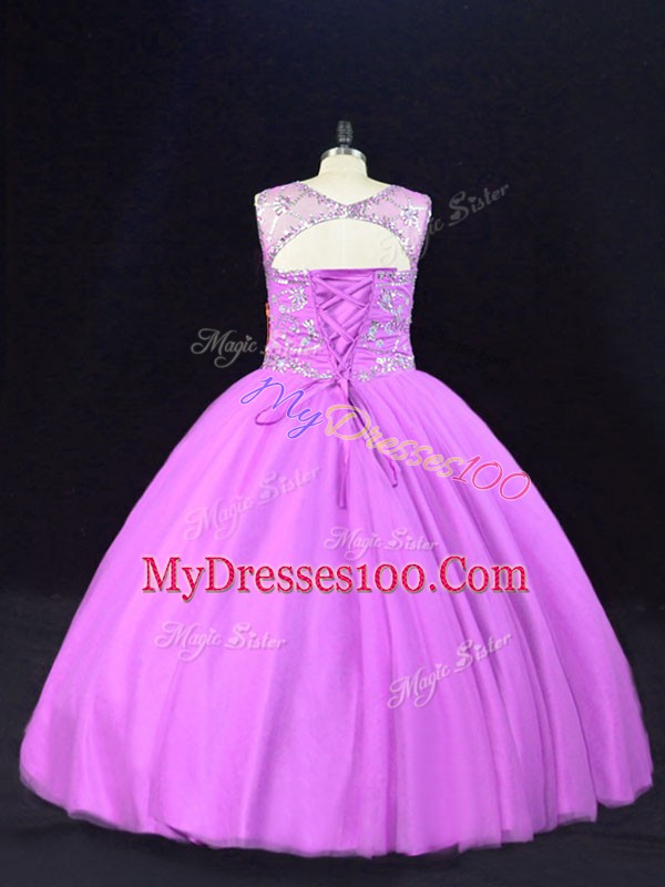 Pretty Lilac Sleeveless Floor Length Beading Lace Up Sweet 16 Quinceanera Dress