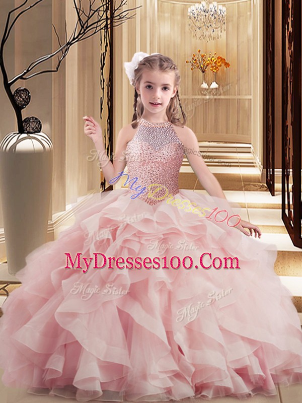 Lovely Floor Length Lace Up Pageant Dresses Pink for Party and Sweet 16 and Wedding Party with Beading and Ruffles