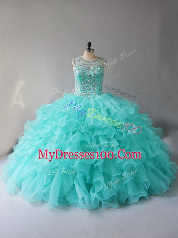 Ball Gowns Quinceanera Dress Aqua Blue Scoop Organza Sleeveless Lace Up