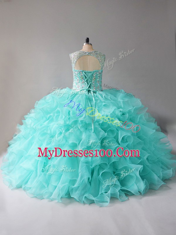 Ball Gowns Quinceanera Dress Aqua Blue Scoop Organza Sleeveless Lace Up