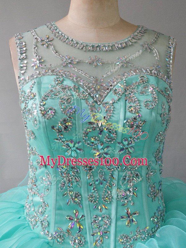 Ball Gowns Quinceanera Dress Aqua Blue Scoop Organza Sleeveless Lace Up
