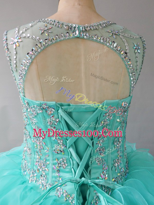 Ball Gowns Quinceanera Dress Aqua Blue Scoop Organza Sleeveless Lace Up