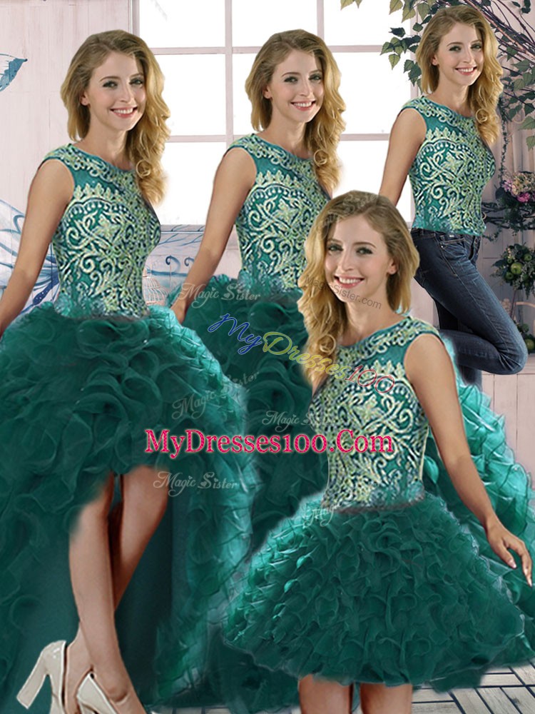 Pretty Peacock Green Sleeveless Beading and Ruffles Floor Length Quinceanera Dresses