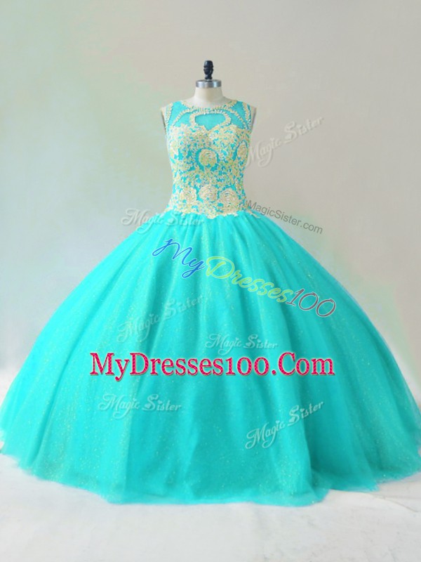 Sleeveless Floor Length Beading Lace Up 15 Quinceanera Dress with Aqua Blue