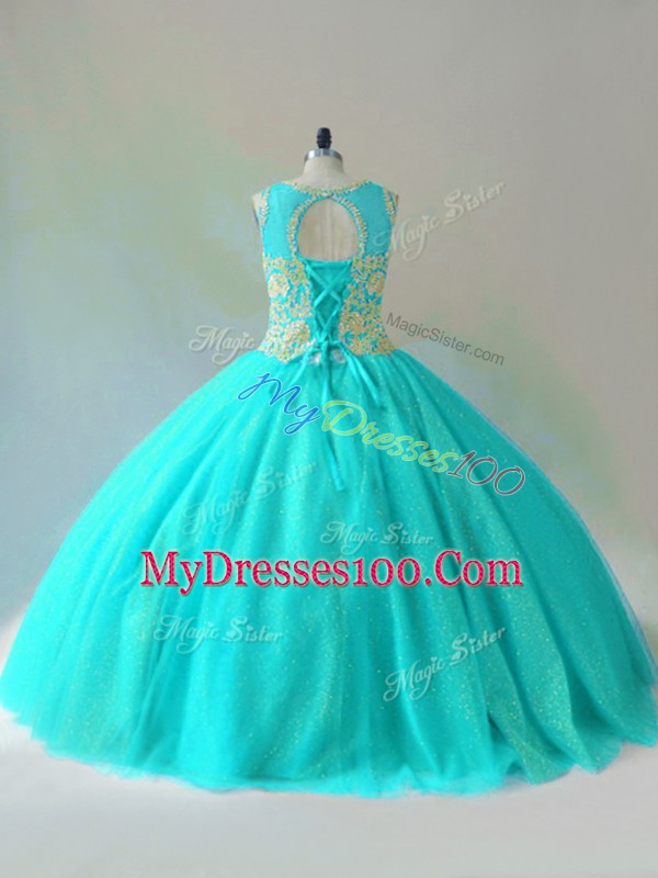 Sleeveless Floor Length Beading Lace Up 15 Quinceanera Dress with Aqua Blue