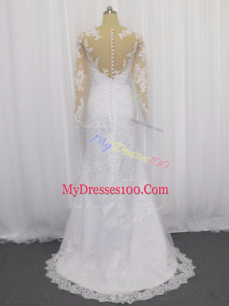 Sweet Lace Wedding Dresses White Clasp Handle Long Sleeves Brush Train