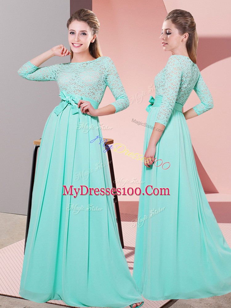 Graceful Lace and Belt Bridesmaid Dresses Apple Green Side Zipper 3 4 Length Sleeve Floor Length
