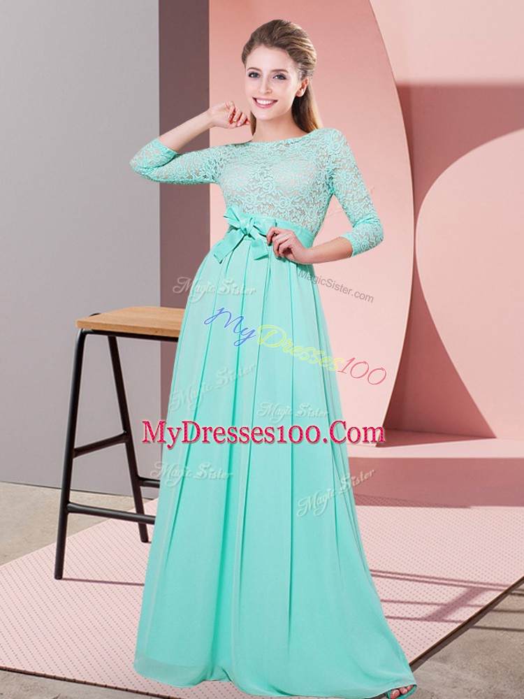 Graceful Lace and Belt Bridesmaid Dresses Apple Green Side Zipper 3 4 Length Sleeve Floor Length