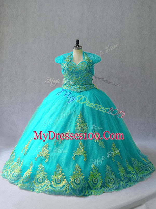 Dramatic Sweetheart Sleeveless Lace Up Quinceanera Gown Aqua Blue Tulle
