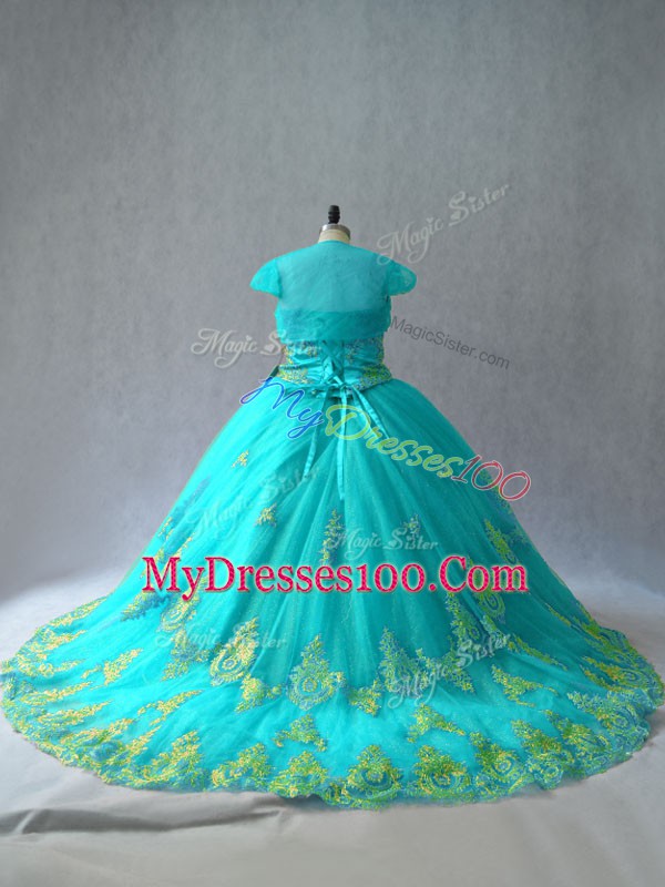 Dramatic Sweetheart Sleeveless Lace Up Quinceanera Gown Aqua Blue Tulle