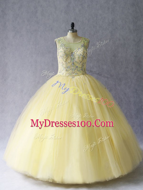 Light Yellow Sleeveless Beading Floor Length Quinceanera Gowns