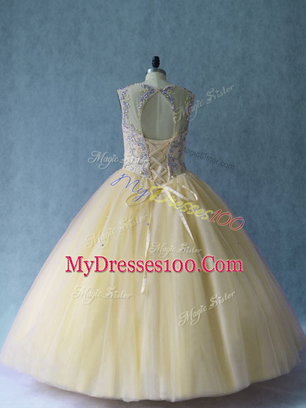 Light Yellow Sleeveless Beading Floor Length Quinceanera Gowns