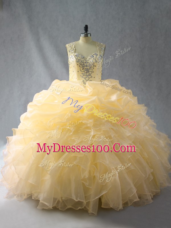 Noble Gold Quince Ball Gowns Sweet 16 and Quinceanera with Beading and Ruffles Straps Sleeveless Zipper