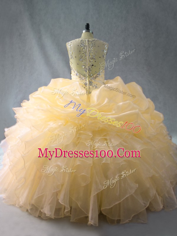 Noble Gold Quince Ball Gowns Sweet 16 and Quinceanera with Beading and Ruffles Straps Sleeveless Zipper