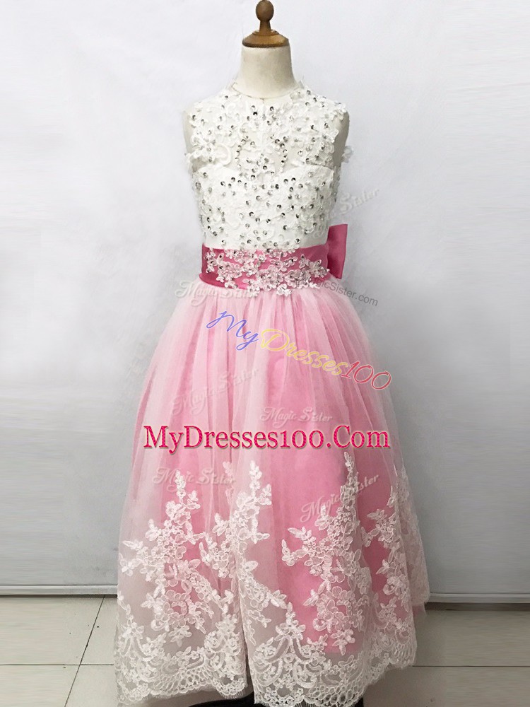 Floor Length Lace Up Flower Girl Dresses for Less Pink And White for Wedding Party with Beading and Lace and Bowknot