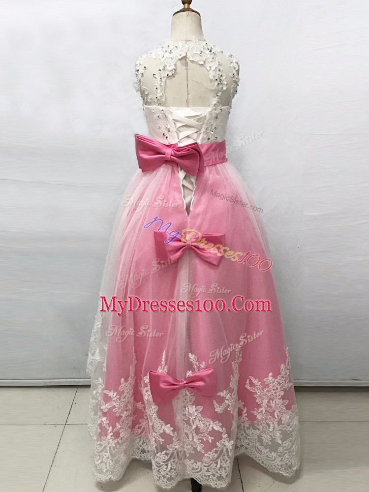 Floor Length Lace Up Flower Girl Dresses for Less Pink And White for Wedding Party with Beading and Lace and Bowknot