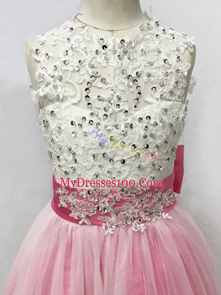 Floor Length Lace Up Flower Girl Dresses for Less Pink And White for Wedding Party with Beading and Lace and Bowknot
