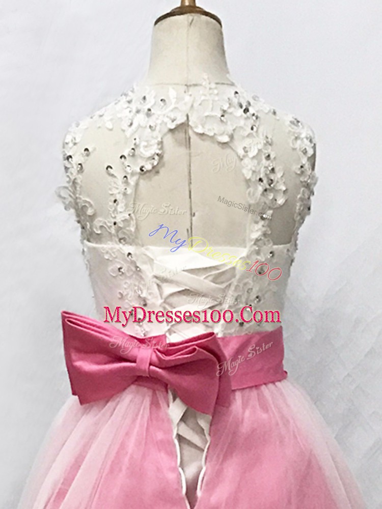 Floor Length Lace Up Flower Girl Dresses for Less Pink And White for Wedding Party with Beading and Lace and Bowknot
