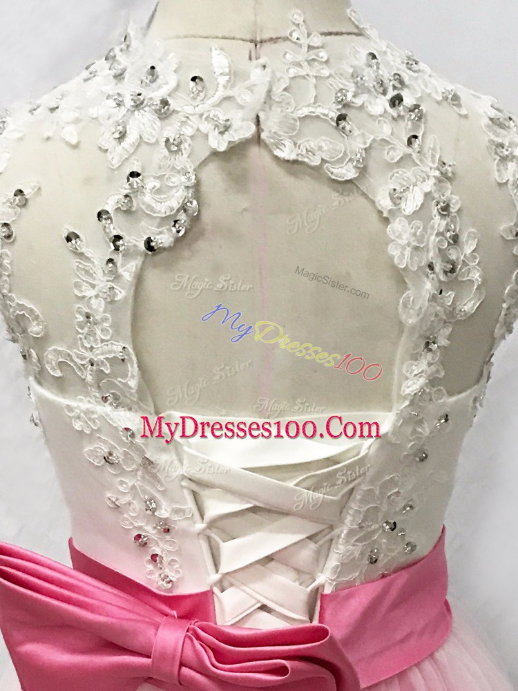 Floor Length Lace Up Flower Girl Dresses for Less Pink And White for Wedding Party with Beading and Lace and Bowknot
