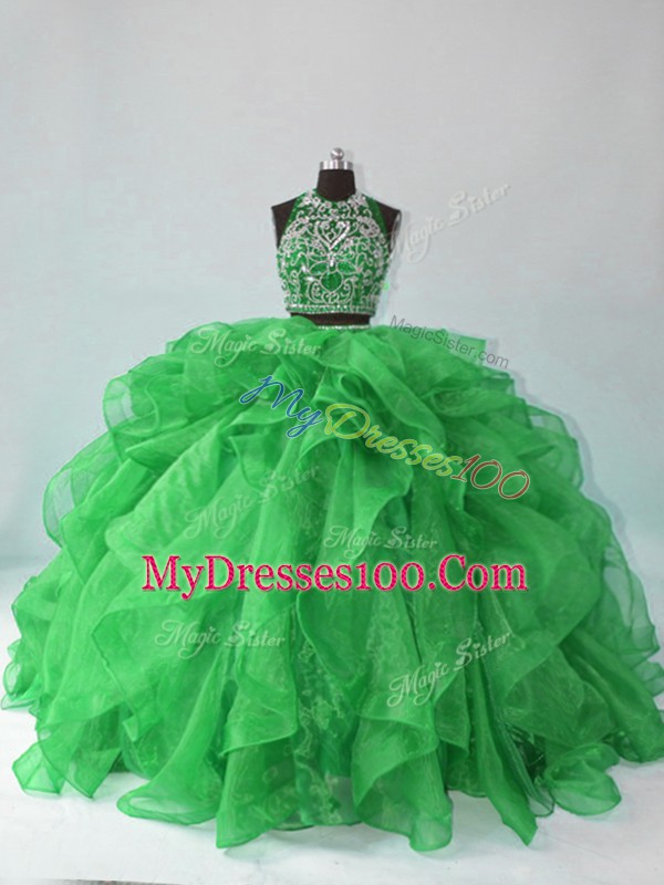 Low Price Halter Top Sleeveless Organza Sweet 16 Dress Beading and Ruffles Backless