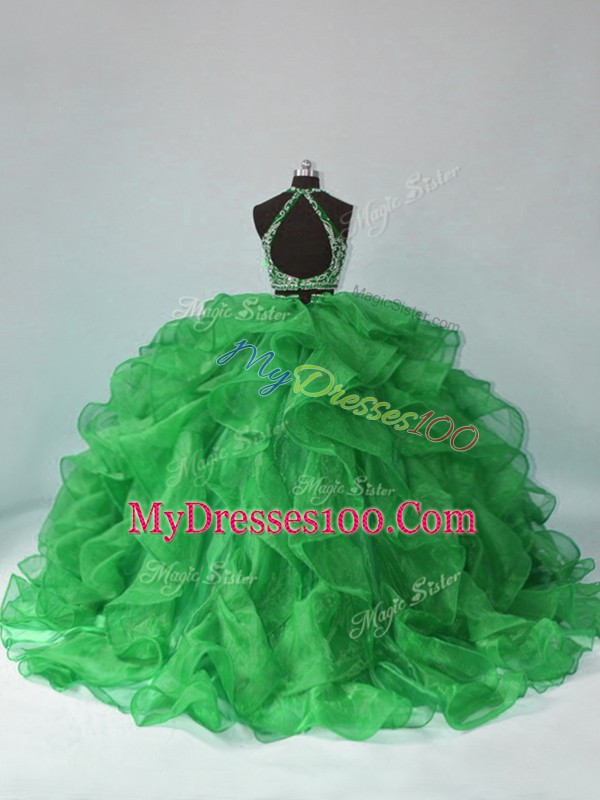 Low Price Halter Top Sleeveless Organza Sweet 16 Dress Beading and Ruffles Backless