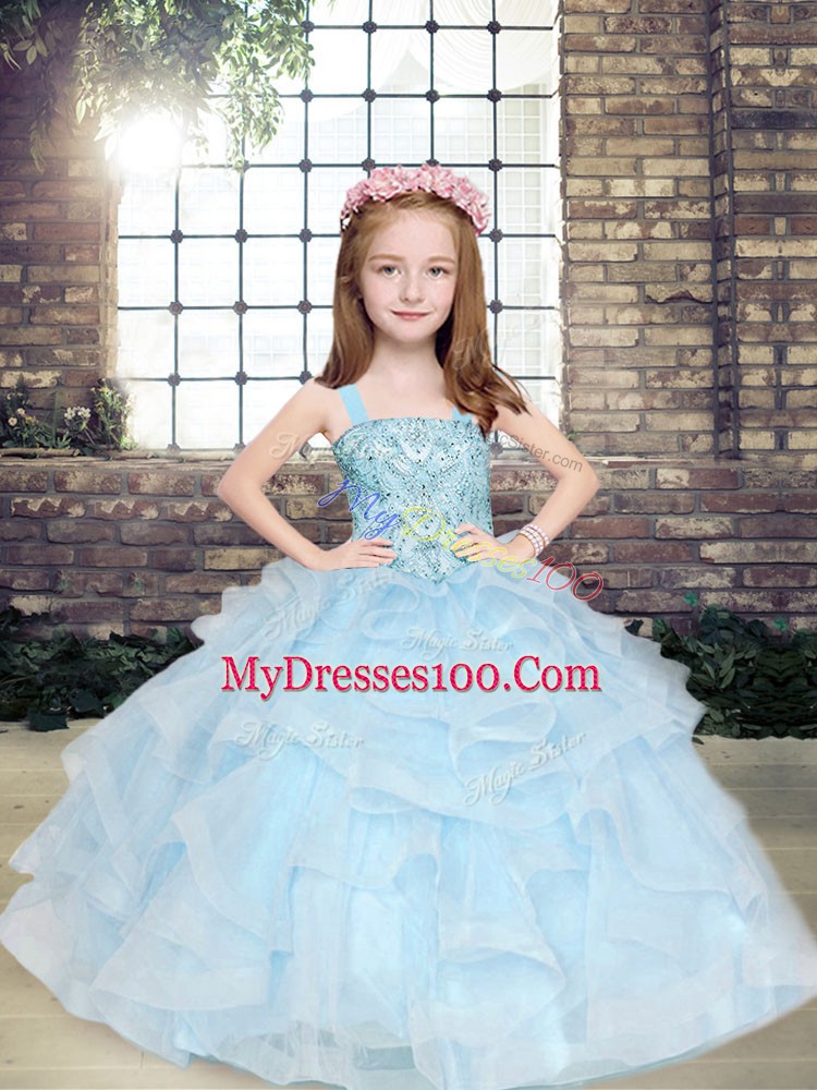 Light Blue Little Girls Pageant Dress Wholesale Party and Military Ball and Wedding Party with Beading and Ruffles Straps Sleeveless Lace Up
