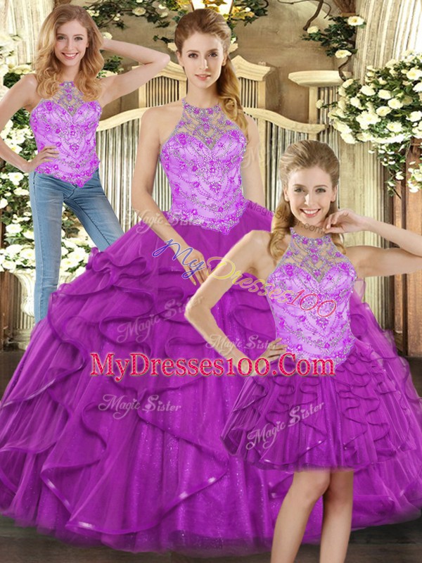 Purple Lace Up Sweet 16 Quinceanera Dress Beading and Ruffles Sleeveless